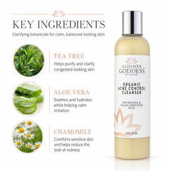 Organic Acne Cleanser by Glimmer Goddess®; gentle face and body wash in an 8 oz bottle, designed for acne-prone skin.