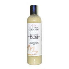 Organic Acne Cleanser from Glimmer Goddess® with a clear bottle of gentle face and body wash for acne-prone skin.