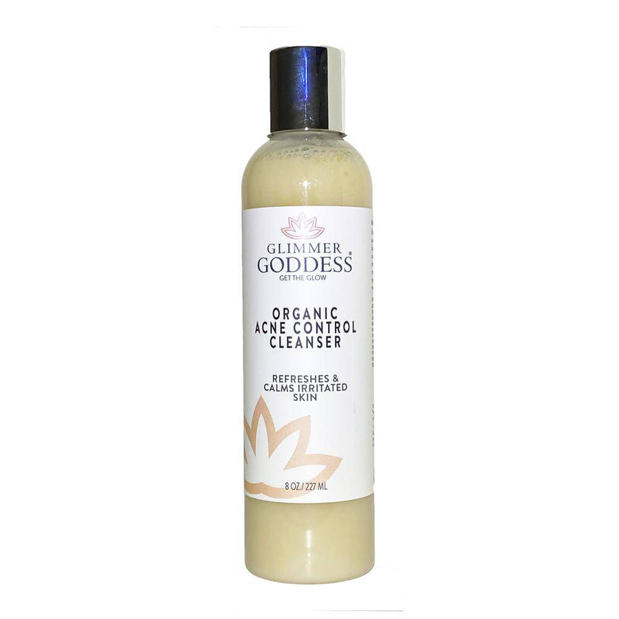 Organic Acne Cleanser from Glimmer Goddess® with a clear bottle of gentle face and body wash for acne-prone skin.