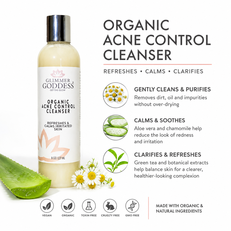 Organic Acne Cleanser by Glimmer Goddess®; gentle face and body wash in a clear 8 oz bottle with a clean label.