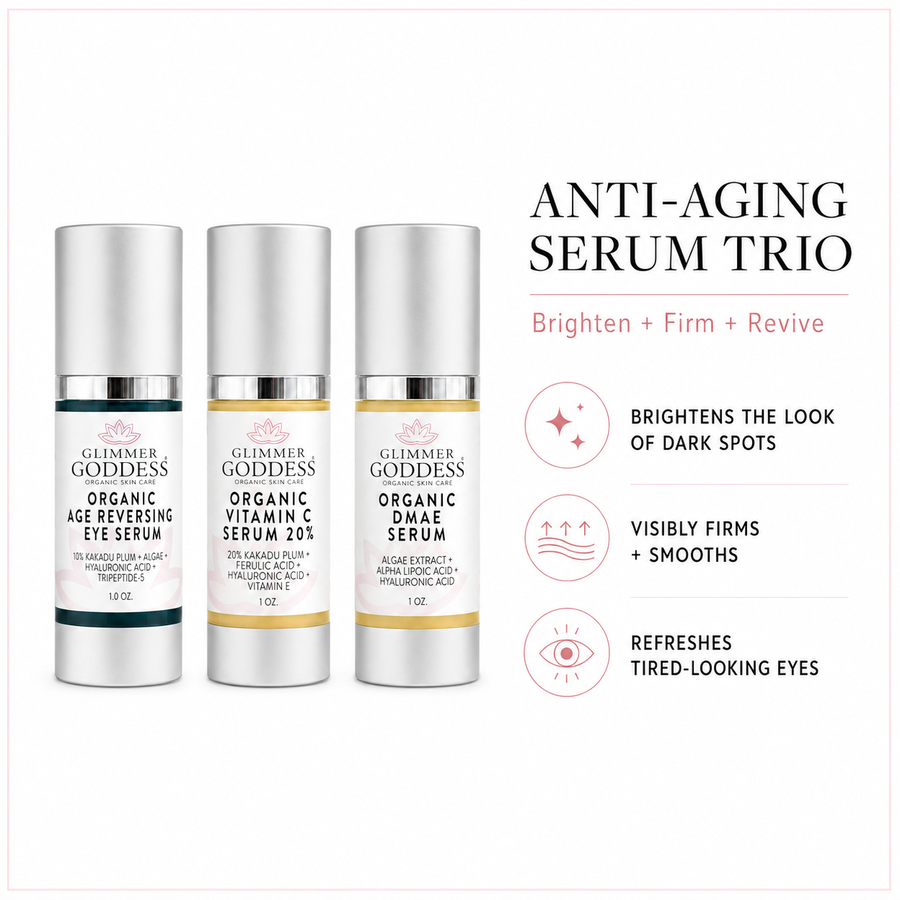 Organic Anti-Aging Skin Care Kit by Glimmer Goddess® featuring Vitamin C and firming serums in a skincare set.