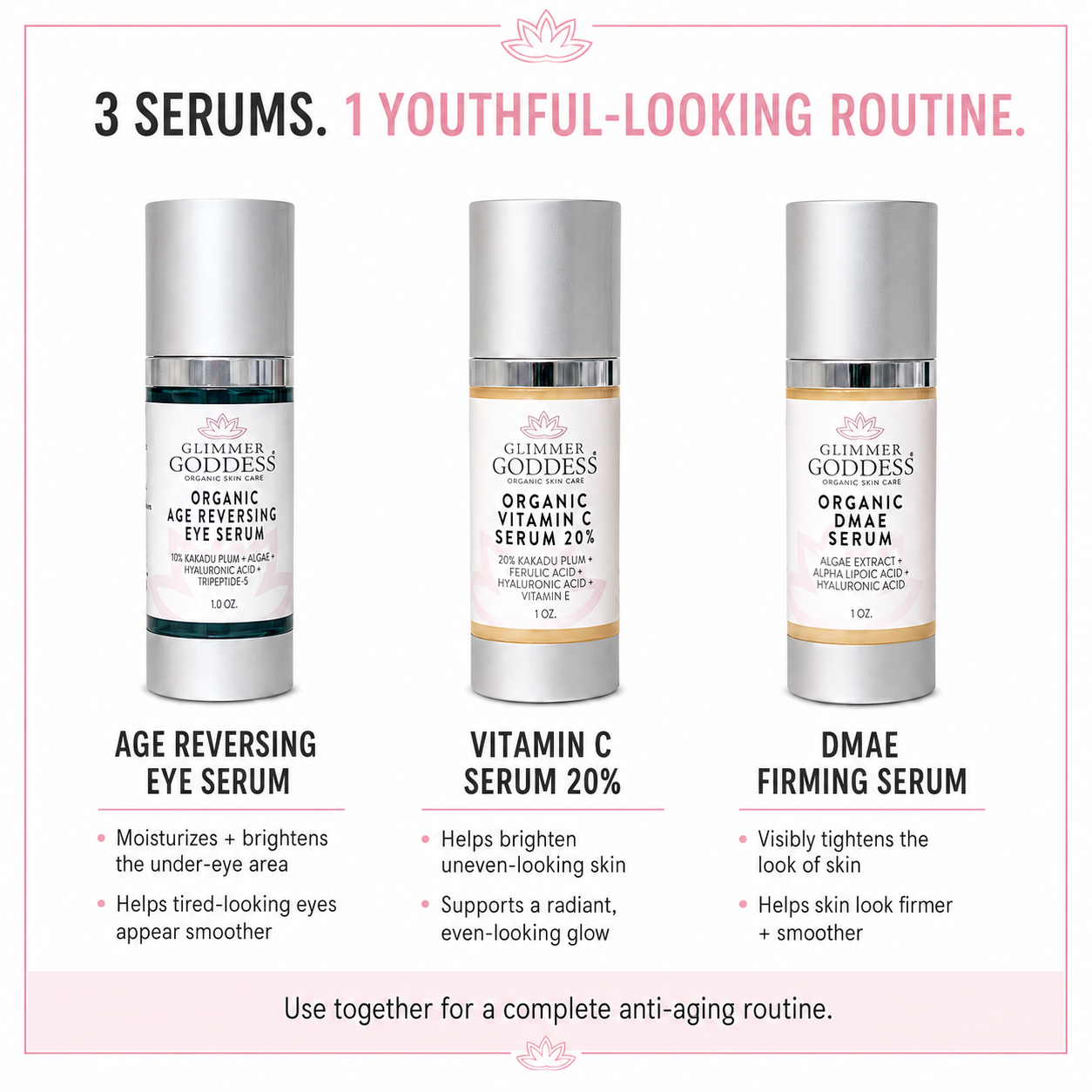 Organic Anti-Aging Trio kit with Vitamin C and firming serums from Glimmer Goddess Organic Skin Care, displayed with serum bottles and packaging.