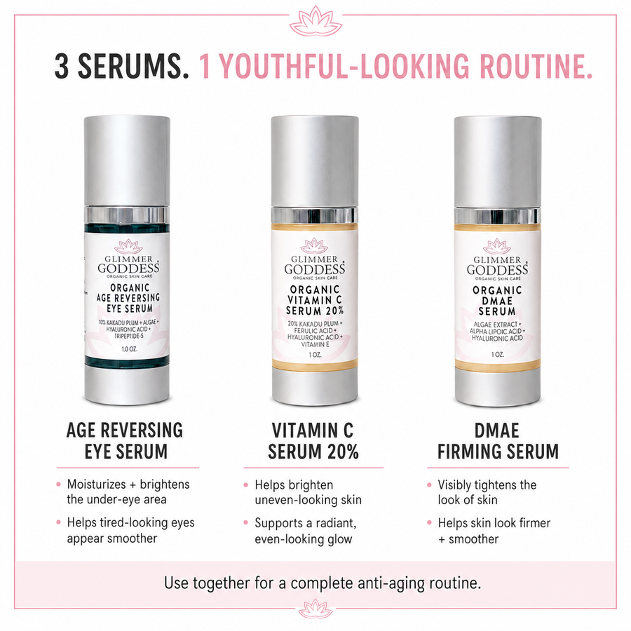 Organic Anti-Aging Trio kit with Vitamin C and firming serums from Glimmer Goddess Organic Skin Care, displayed with serum bottles and packaging.