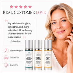 Organic Anti-Aging Trio by Glimmer Goddess® featuring Vitamin C and firming serums in an anti-aging skin care kit.