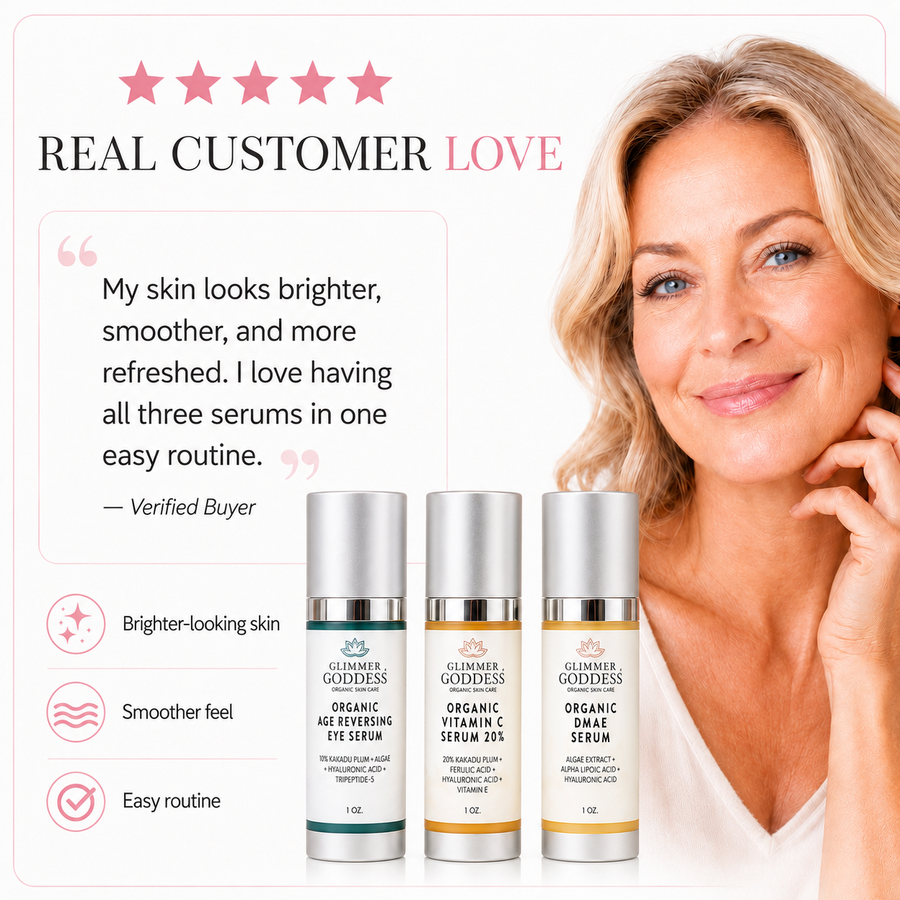 Organic Anti-Aging Trio by Glimmer Goddess® featuring Vitamin C and firming serums in an anti-aging skin care kit.