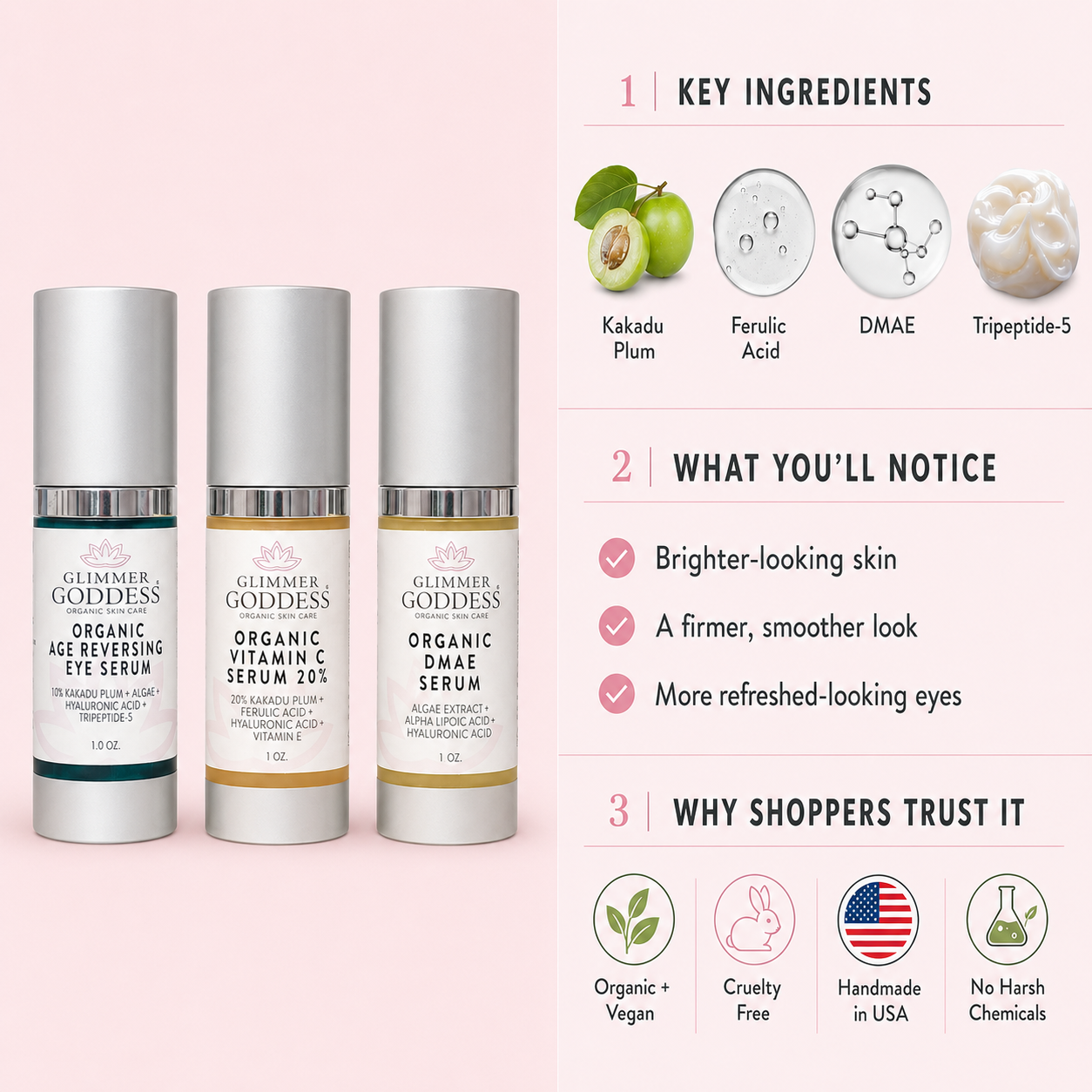 Organic Anti-Aging Trio from Glimmer Goddess® featuring Vitamin C and firming serums in a skincare kit.
