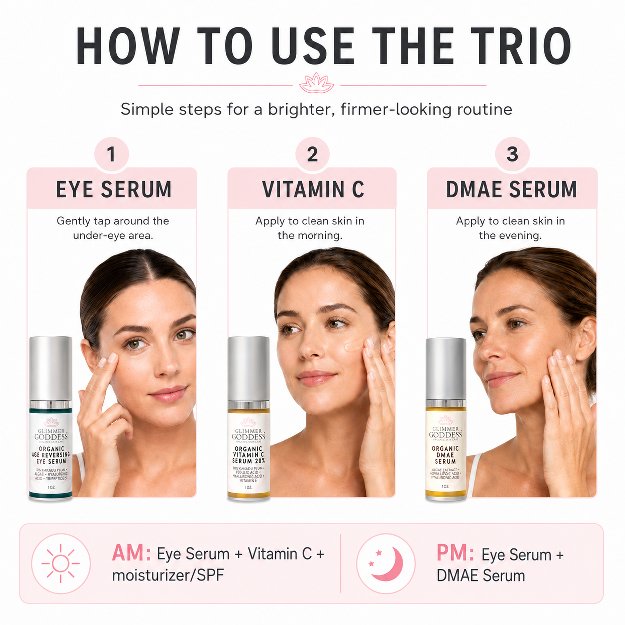 Organic Anti-Aging Trio by Glimmer Goddess® includes Vitamin C and firming serums in an anti-aging skin care kit.