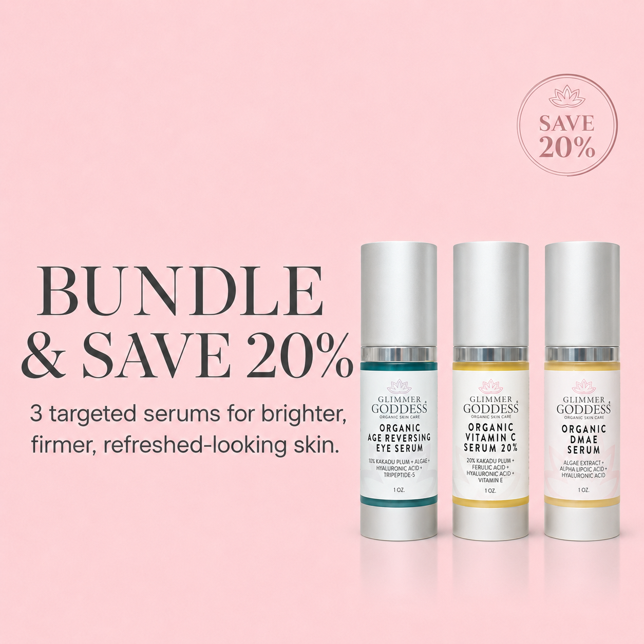 Organic Anti-Aging Trio by Glimmer Goddess includes Vitamin C and firming serums in a skincare kit.