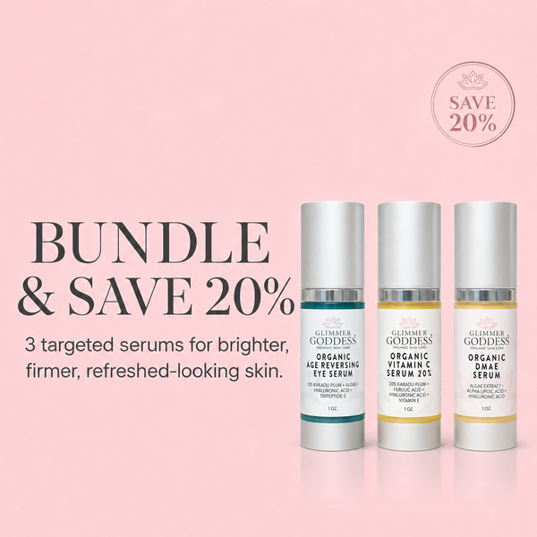 Organic Anti-Aging Trio by Glimmer Goddess includes Vitamin C and firming serums in a skincare kit.