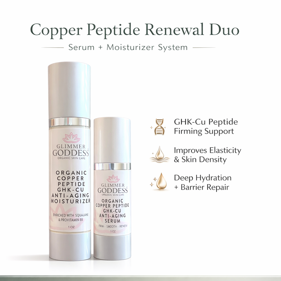 Glimmer Goddess Organic Skin Care Copper Peptide Duo anti-aging serum and moisturizer set in lightly scented bottles with essential oils