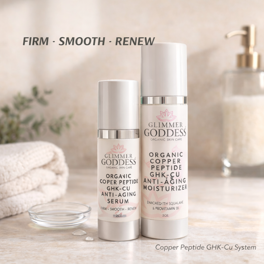 Glimmer Goddess® Organic Copper Peptide Duo anti-aging serum and moisturizer set with lightly scented essential oils for radiant skin.