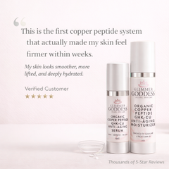 Copper Peptide Duo anti-aging serum and moisturizer from Glimmer Goddess Organic Skin Care, with a light scent and natural ingredients.