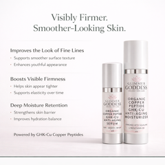 Glimmer Goddess Organic Copper Peptide Duo anti-aging serum and moisturizer in lightly scented skincare kit with essential oils.