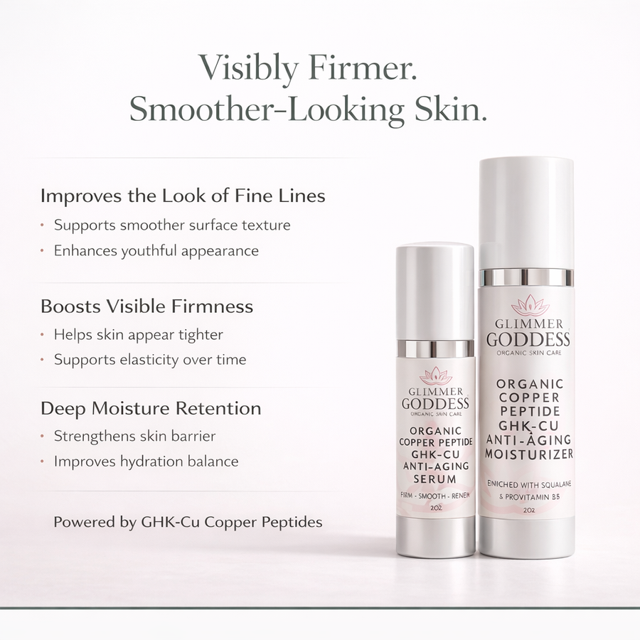 Glimmer Goddess Organic Copper Peptide Duo anti-aging serum and moisturizer in lightly scented skincare kit with essential oils.
