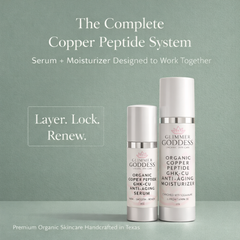 Copper Peptide Duo anti-aging serum and moisturizer set by Glimmer Goddess Organic Skin Care, featuring light scent and essential oils.