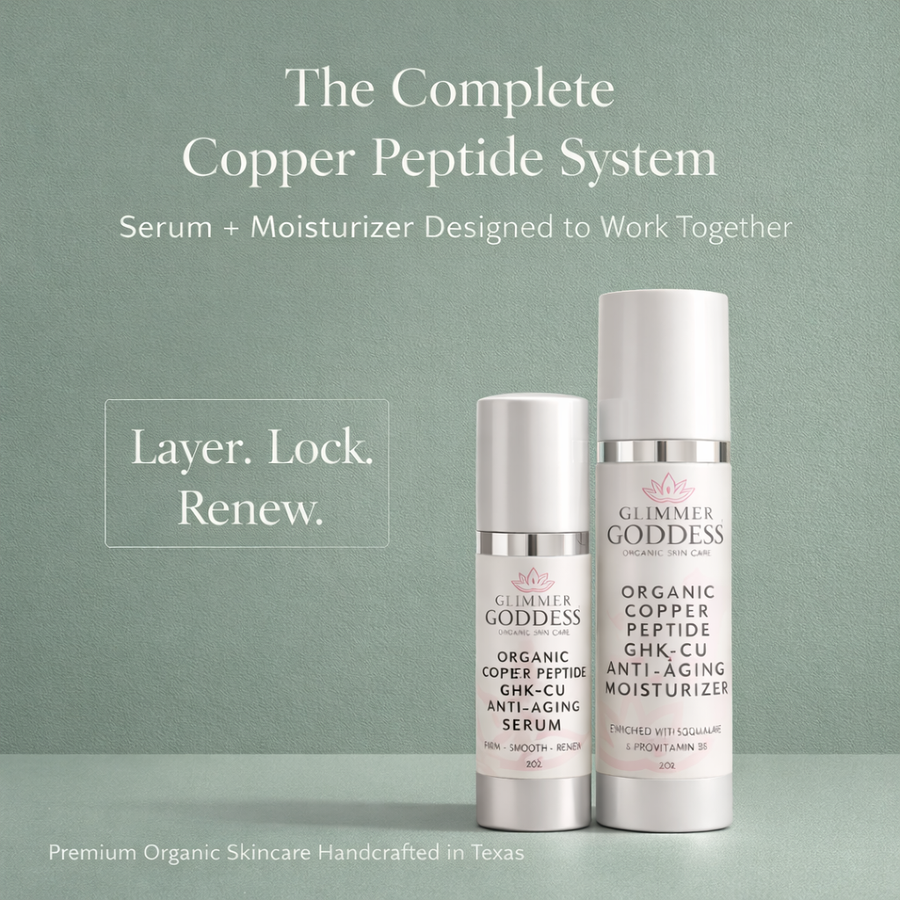 Copper Peptide Duo anti-aging serum and moisturizer set by Glimmer Goddess Organic Skin Care, featuring light scent and essential oils.