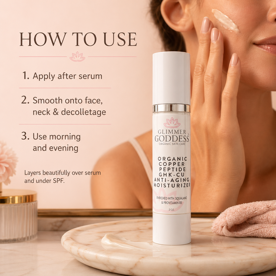 Organic Copper Peptide Moisturizer by Glimmer Goddess, anti-aging skin care for firming and smoothing, lightly scented with essential oils.