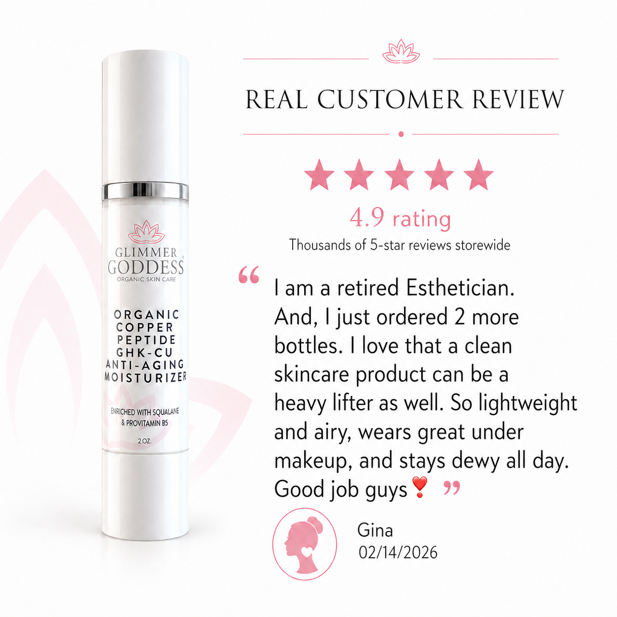 Organic Copper Peptide Moisturizer by Glimmer Goddess® for firming and smoothing anti-aging skin care, lightly scented with essential oils.