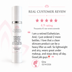 Organic Copper Peptide Moisturizer by Glimmer Goddess® for firming and smoothing anti-aging skin care, lightly scented with essential oils.