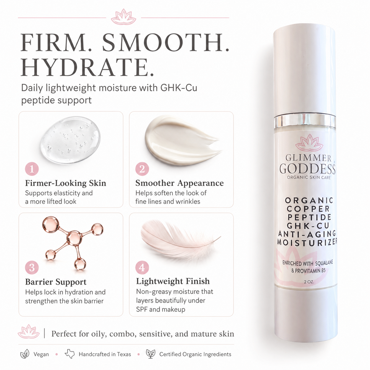 Organic Copper Peptide Moisturizer by Glimmer Goddess® for anti-aging, firming, and smoothing skin in a soft, lightly scented bottle.