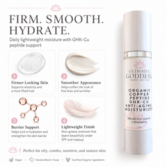 Organic Copper Peptide Moisturizer by Glimmer Goddess® for anti-aging, firming, and smoothing skin in a soft, lightly scented bottle.