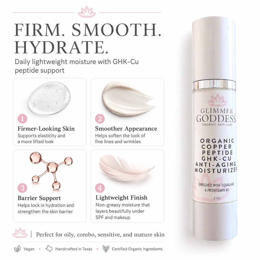 Organic Copper Peptide Moisturizer by Glimmer Goddess® for anti-aging, firming, and smoothing skin in a soft, lightly scented bottle.