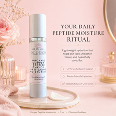 Organic Copper Peptide Moisturizer by Glimmer Goddess® for anti-aging, firming, and smoothing skin. Lightly scented, soft texture.