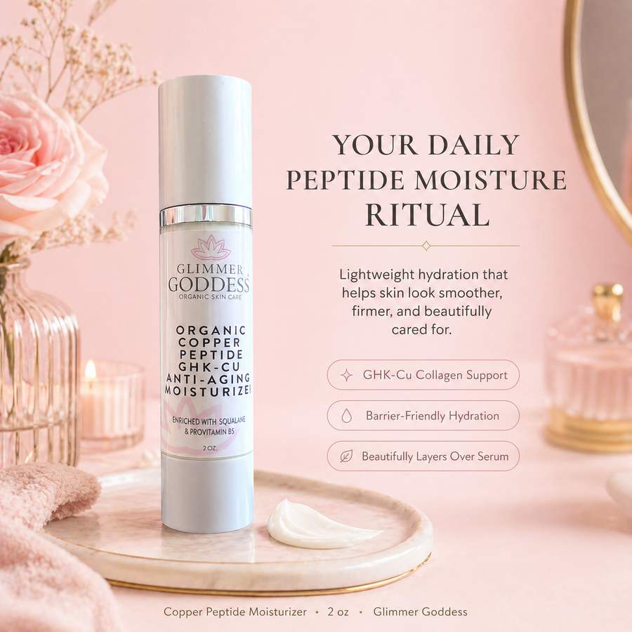 Organic Copper Peptide Moisturizer by Glimmer Goddess® for anti-aging, firming, and smoothing skin. Lightly scented, soft texture.