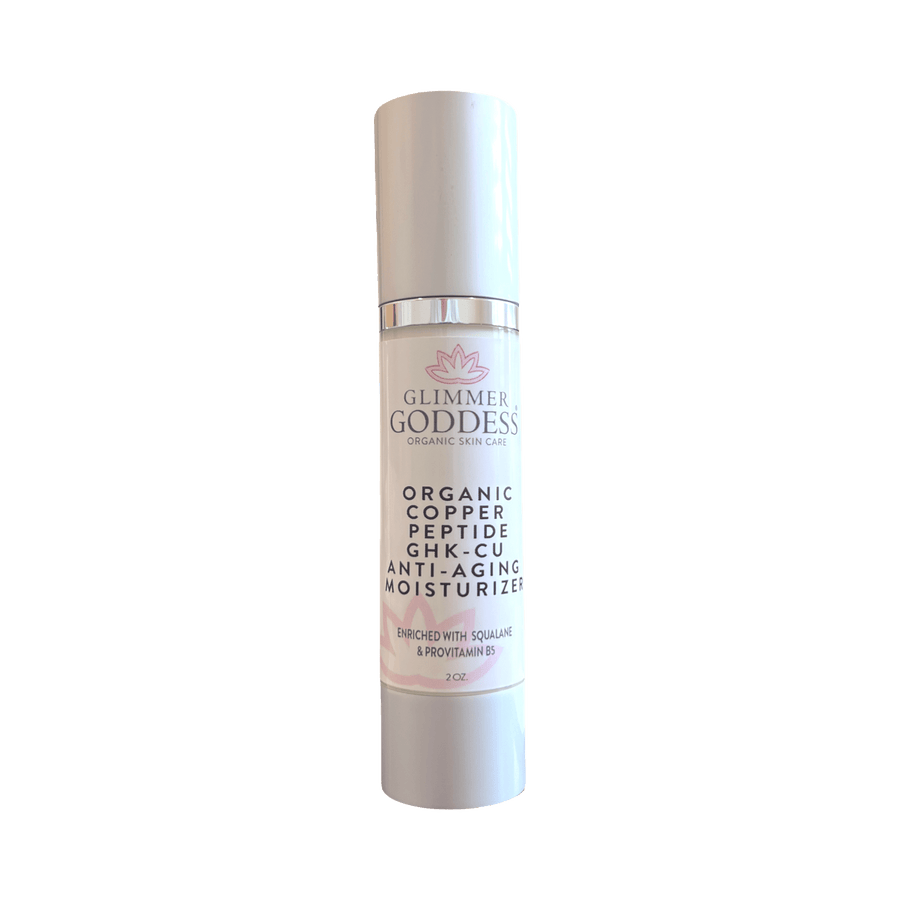 Organic Copper Peptide Moisturizer from Glimmer Goddess® for firming and smoothing anti-aging skin care, lightly scented with essential oils.
