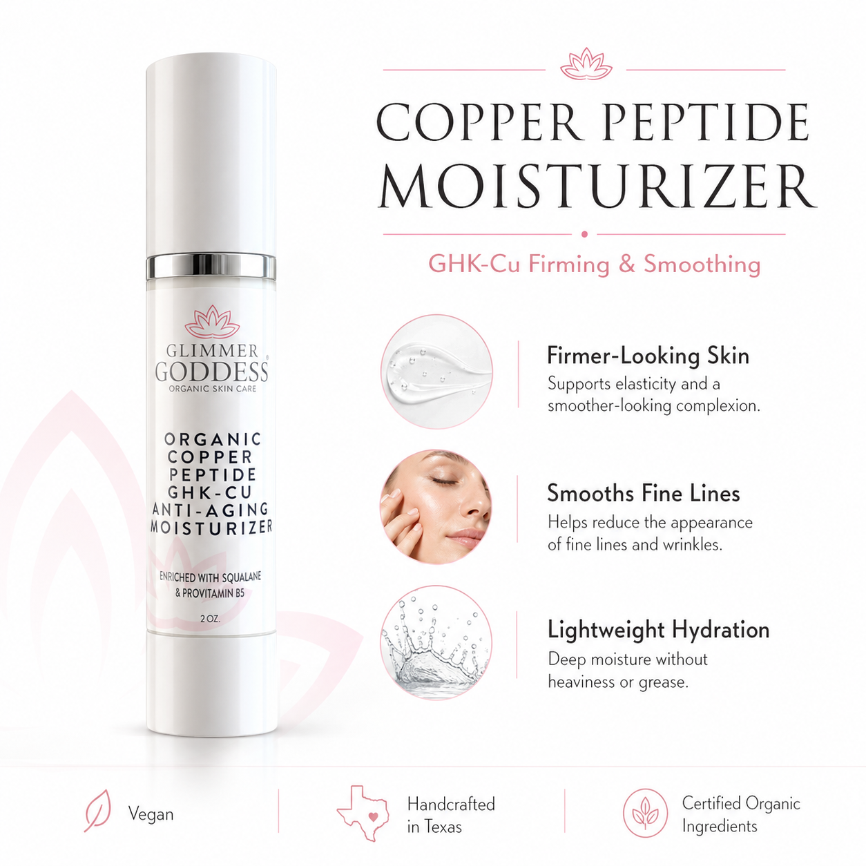 Organic Copper Peptide Moisturizer by Glimmer Goddess, anti-aging skin care with a light scent, promoting firming and smoothing skin.