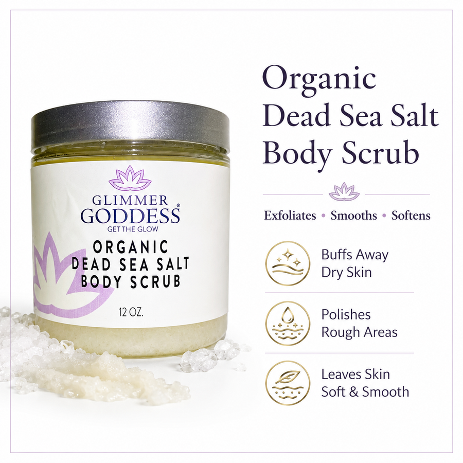 Organic Dead Sea Salt Body Scrub from Glimmer Goddess® for exfoliating, detoxifying, and firming skin in a 12 oz jar.