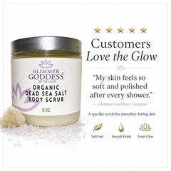 Glimmer Goddess Organic Dead Sea Salt Body Scrub in 12 oz jar with espresso coffee, exfoliating and detoxifying skin.