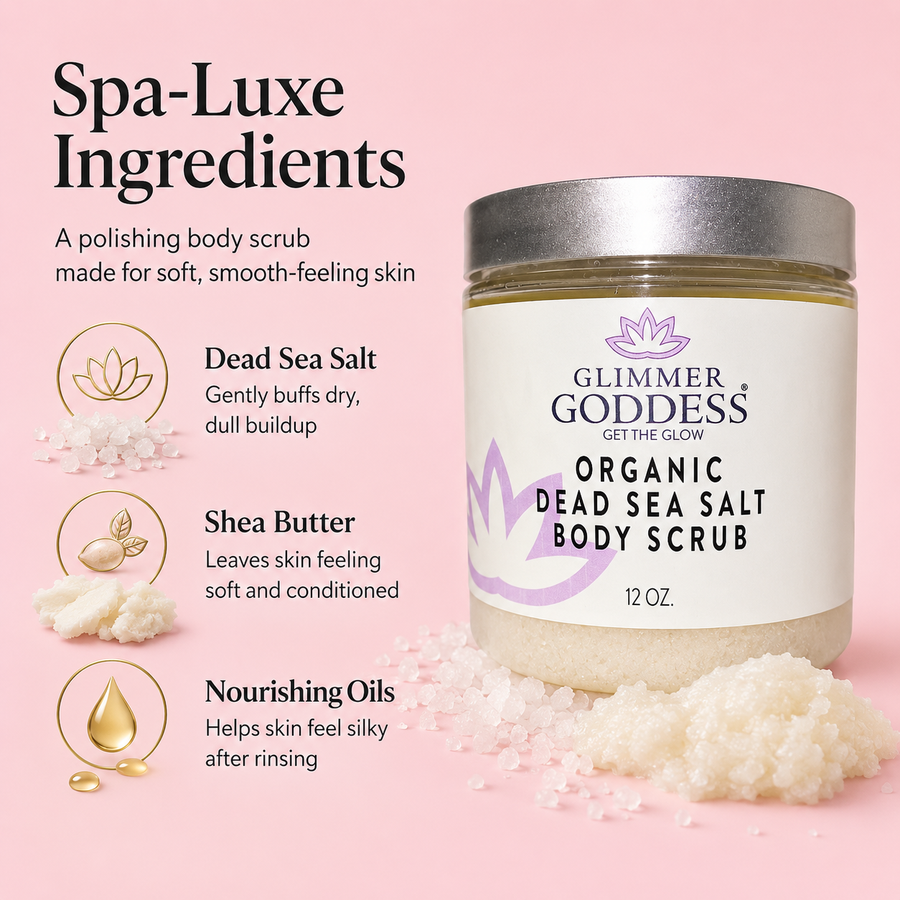 Glimmer Goddess Organic Dead Sea Salt Body Scrub in 12 oz jar with espresso coffee, exfoliates, detoxifies, and firms skin.