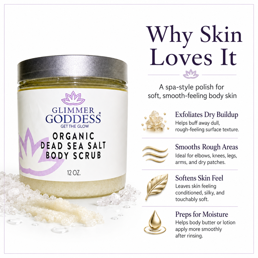 Glimmer Goddess Organic Dead Sea Salt Body Scrub in 12 oz jar, featuring espresso coffee, exfoliates, detoxifies, and firms skin.