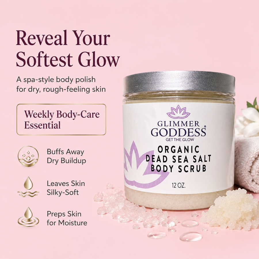 Organic Dead Sea Salt Body Scrub by Glimmer Goddess® Organic Skin Care, 12 oz, exfoliates, detoxifies, and firms skin.
