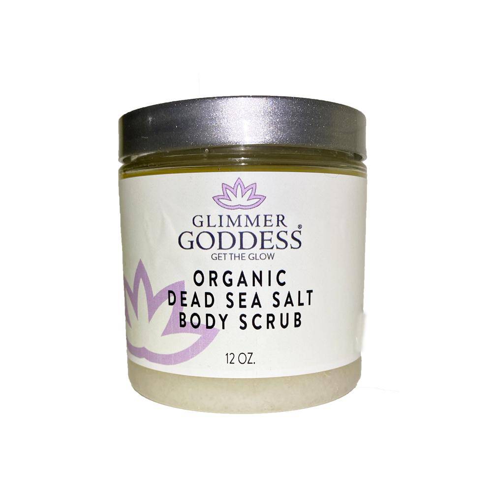 Glimmer Goddess Organic Dead Sea Salt Body Scrub in 12 oz jar, exfoliating and detoxifying bath and body product with coffee and sea salt