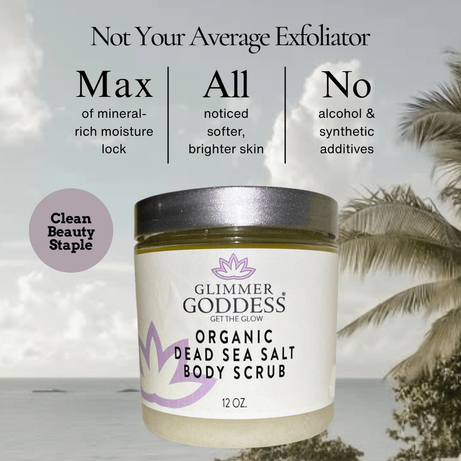 Organic Dead Sea Salt Body Scrub by Glimmer Goddess® for exfoliating, detoxifying, and firming skin in a 12 oz jar.