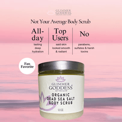 Organic Dead Sea Salt Body Scrub by Glimmer Goddess® for exfoliating, detoxifying, and firming skin in a 12 oz jar.