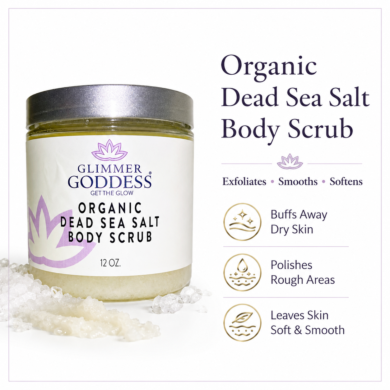 Glimmer Goddess Organic Dead Sea Salt Body Scrub in 12 oz jar, featuring espresso coffee exfoliants and natural skin detoxification.