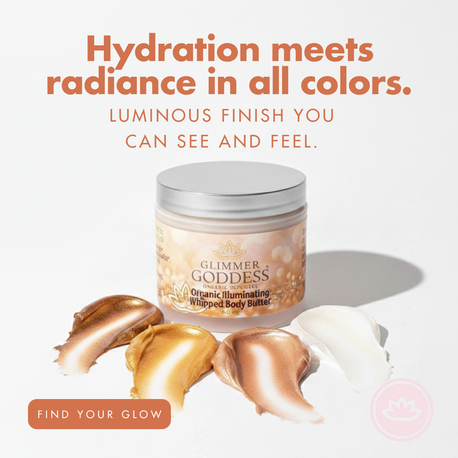 Glimmer Goddess Organic Shimmer Body Butter with bronze glow, showcasing smooth, radiant texture for deep hydration.