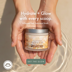 Organic Shimmer Body Butter by Glimmer Goddess® with a bronze glow, showcasing deep hydration and radiant, shimmering skin.