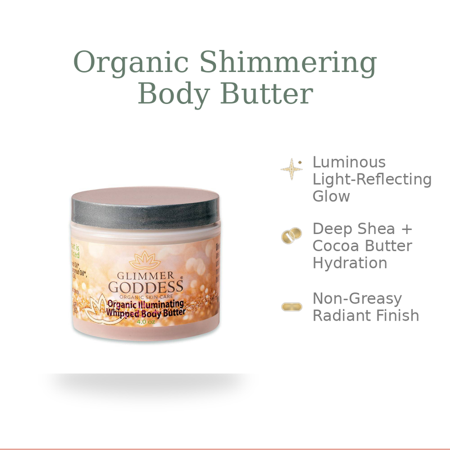 Organic Shimmer Body Butter by Glimmer Goddess, featuring a bronze glow and deep hydration for radiant, smooth skin.