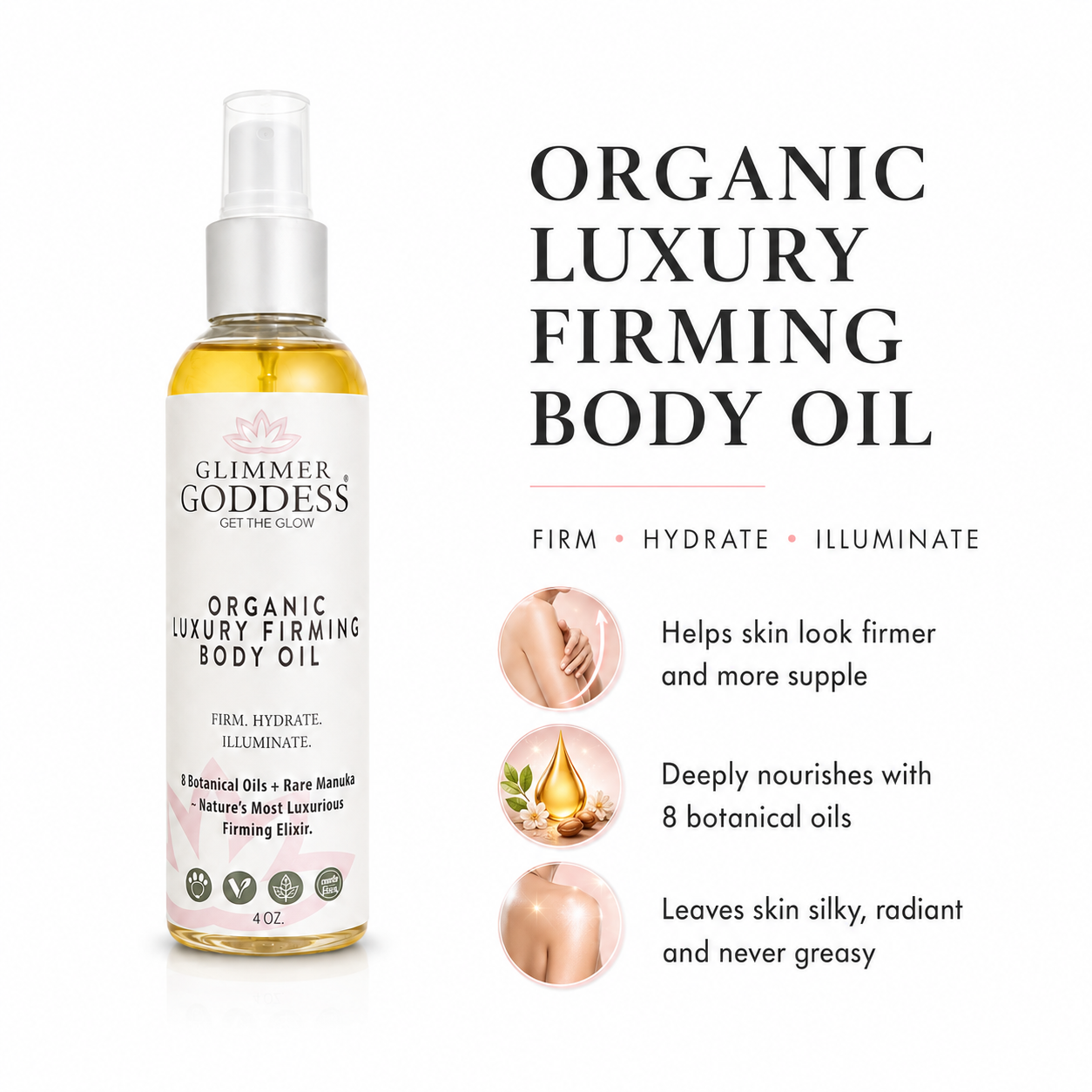 Organic luxury firming body oil by Glimmer Goddess® featuring a sleek bottle with golden accents, highlighting anti-aging skincare.