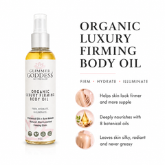 Organic luxury firming body oil by Glimmer Goddess® featuring a sleek bottle with golden accents, highlighting anti-aging skincare.