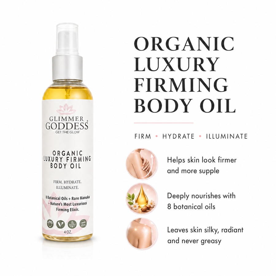 Organic luxury firming body oil by Glimmer Goddess® featuring a sleek bottle with golden accents, highlighting anti-aging skincare.