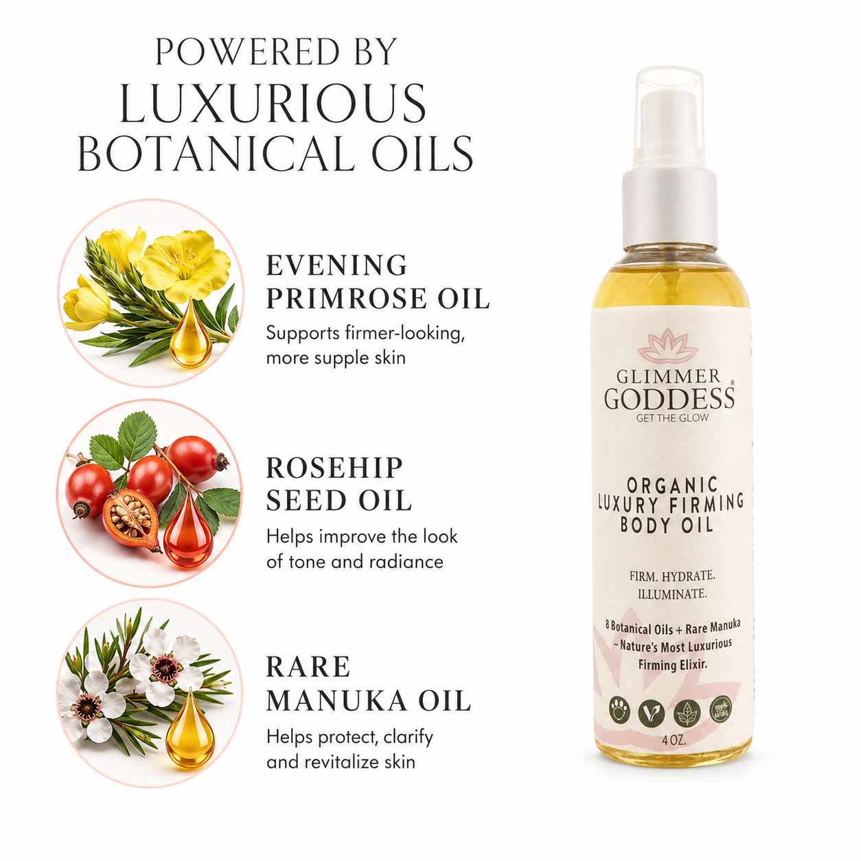Organic Luxury Firming Body Oil by Glimmer Goddess® Organic Skin Care, showing a sleek bottle with natural ingredients.