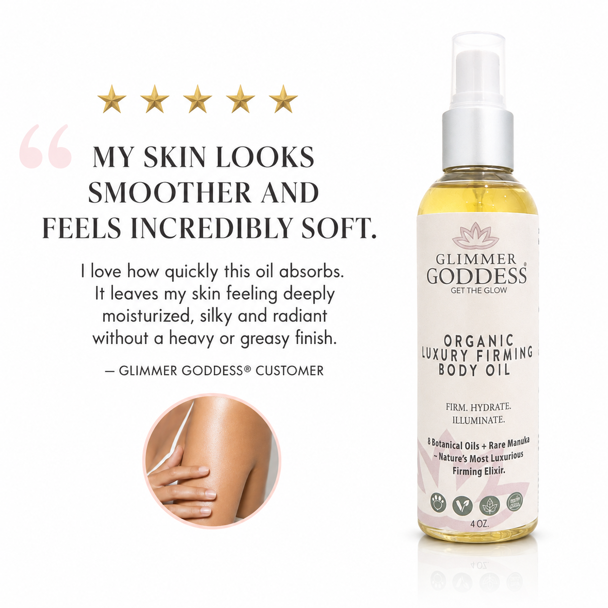 Glimmer Goddess Organic Skin Care luxury firming body oil with anti-aging properties, featuring a sleek glass bottle and natural ingredients.