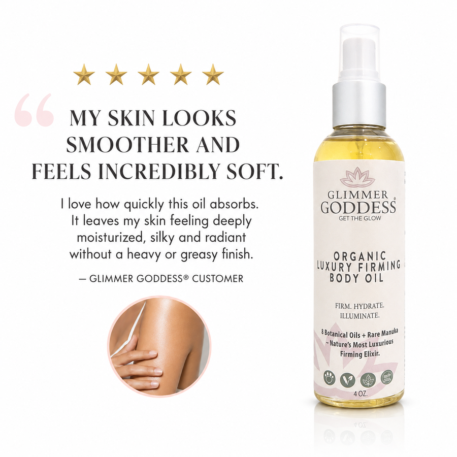 Glimmer Goddess Organic Skin Care luxury firming body oil with anti-aging properties, featuring a sleek glass bottle and natural ingredients.