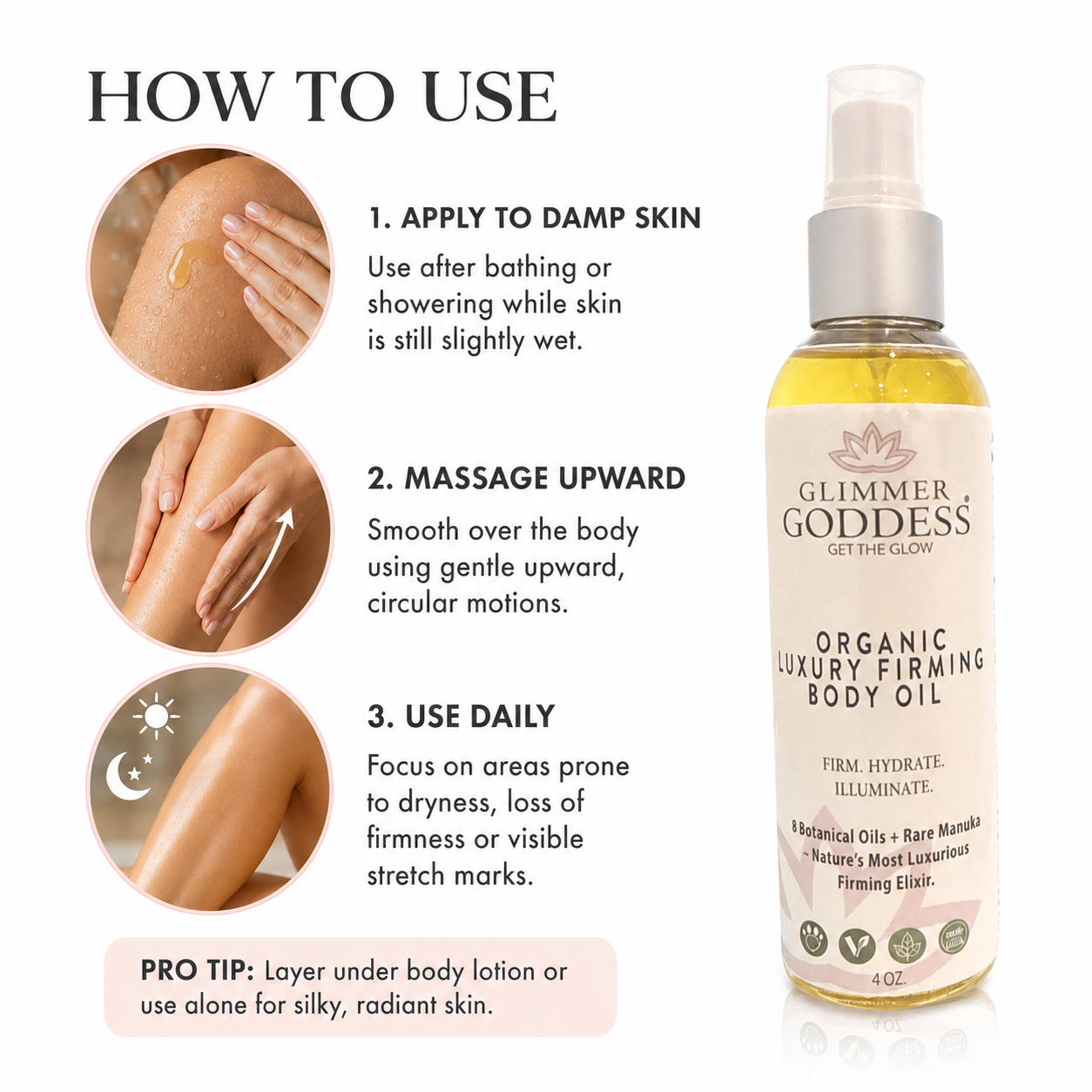 Glimmer Goddess Organic Skin Care luxury firming body oil with anti-aging properties, showing a sleek bottle and natural ingredients.
