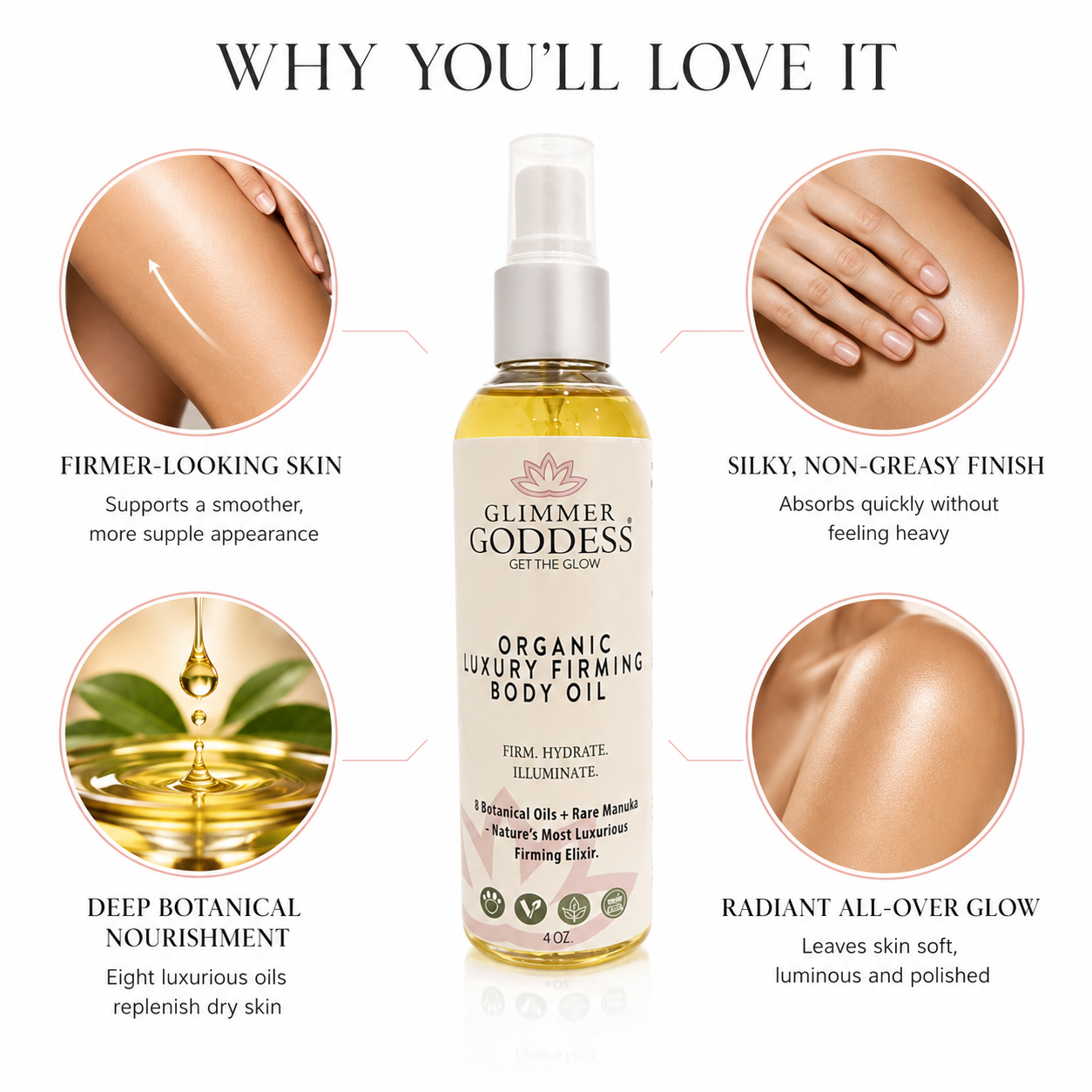 Organic luxury firming body oil by Glimmer Goddess® Organic Skin Care, featuring a sleek bottle with a pump dispenser.